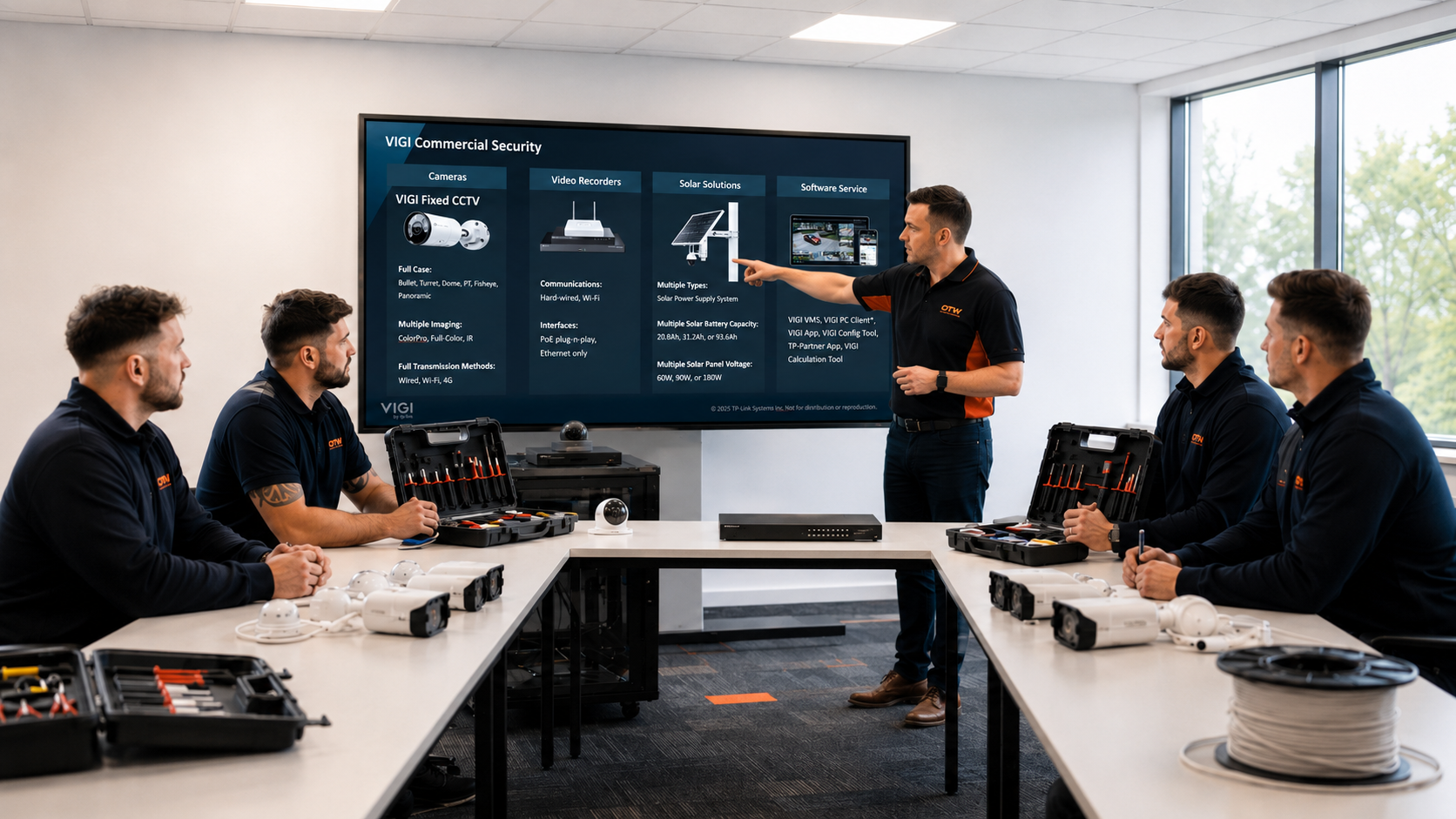 Technical security professionals attending a hands-on CCTV training workshop in a training room.