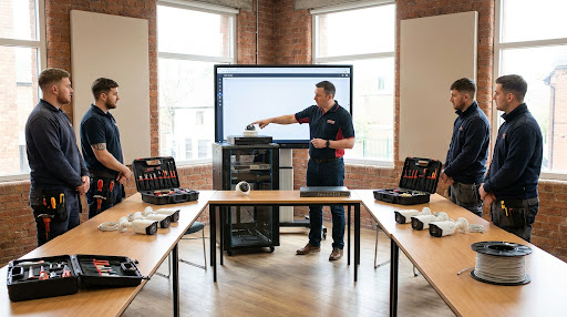 Technical security professionals attending a hands-on training workshop with camera equipment and cabling on the tables.